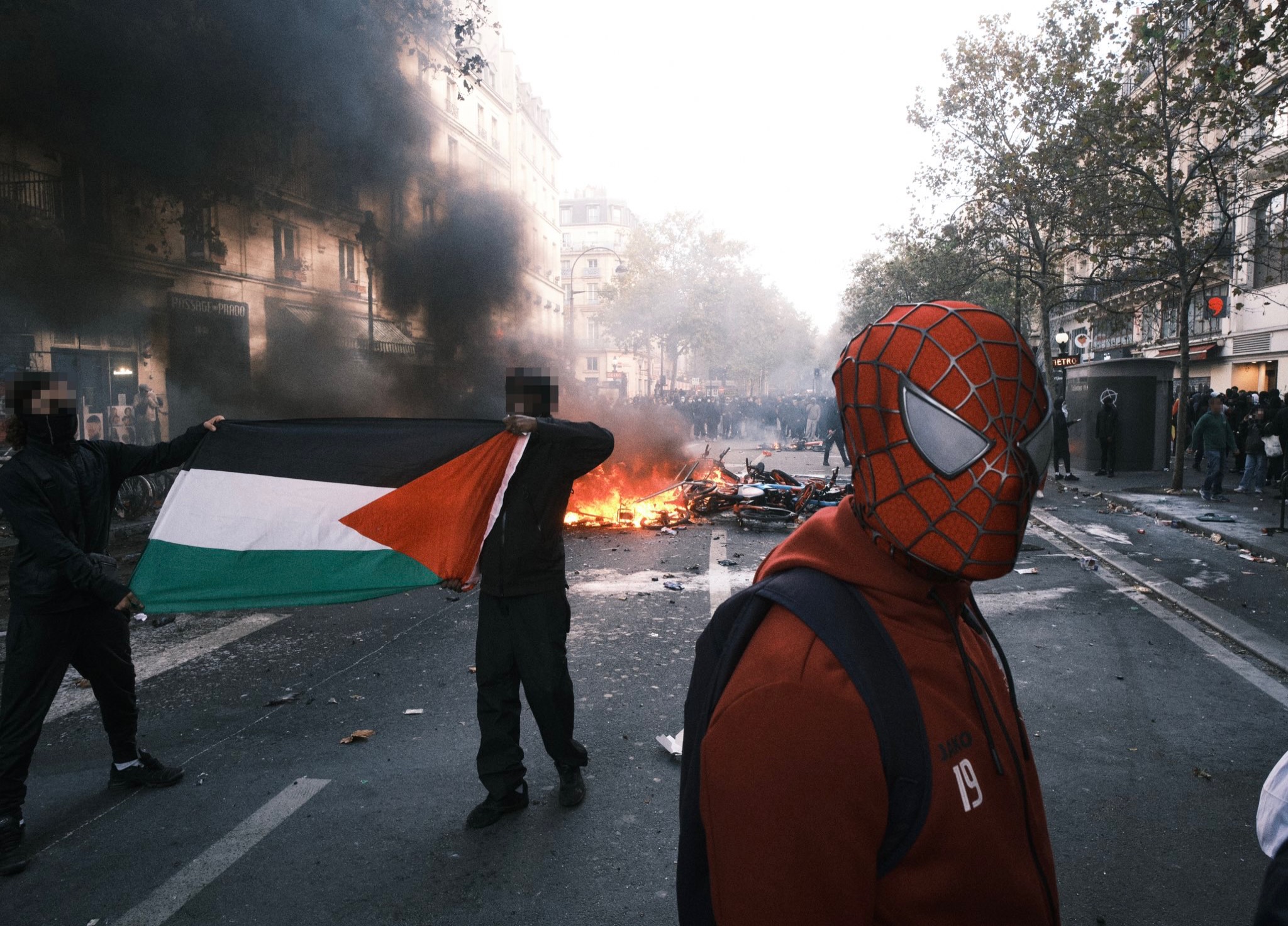 A masked protester amid the street fires, Paris