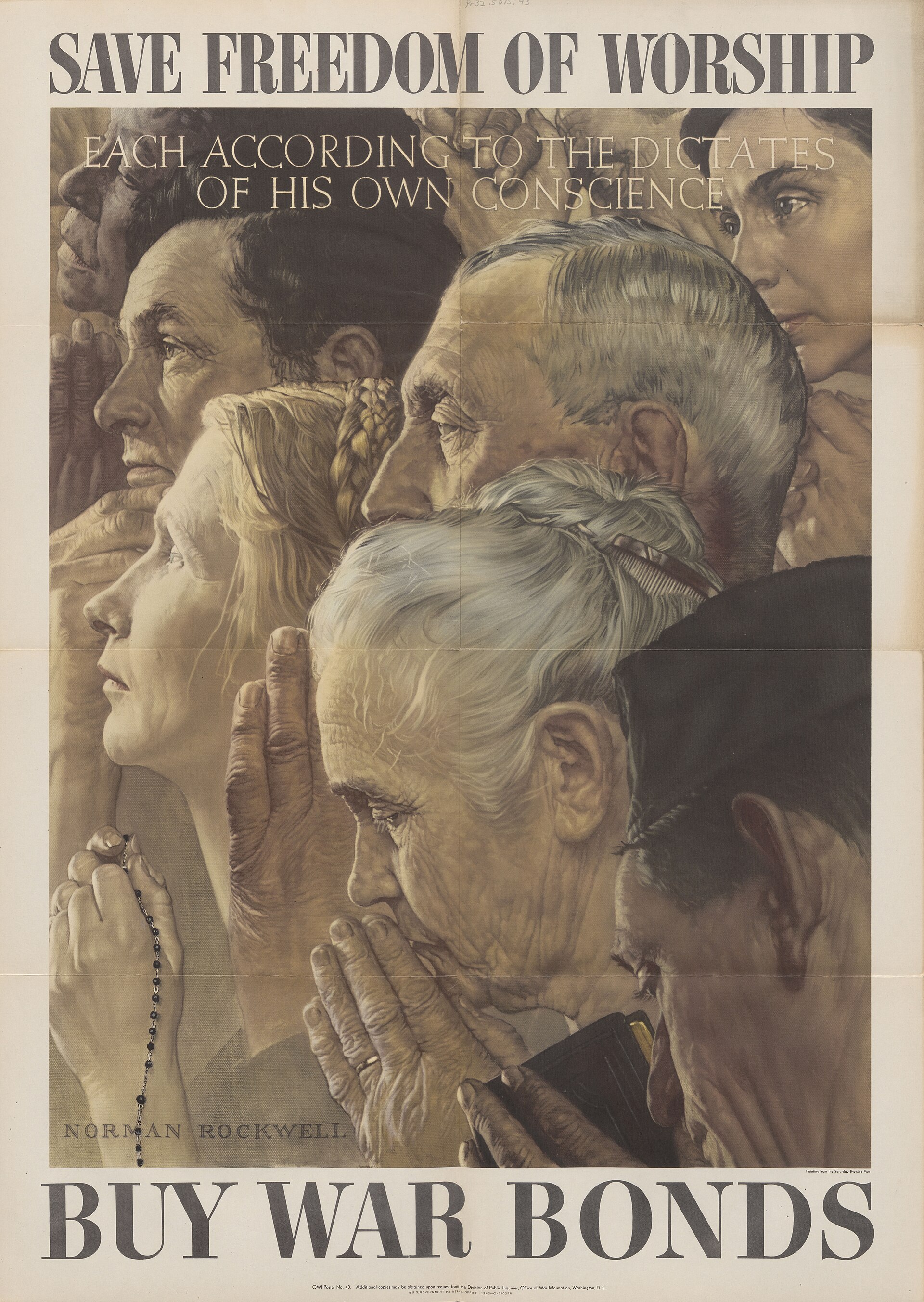 Freedom of Worship war-bonds poster after Norman Rockwell