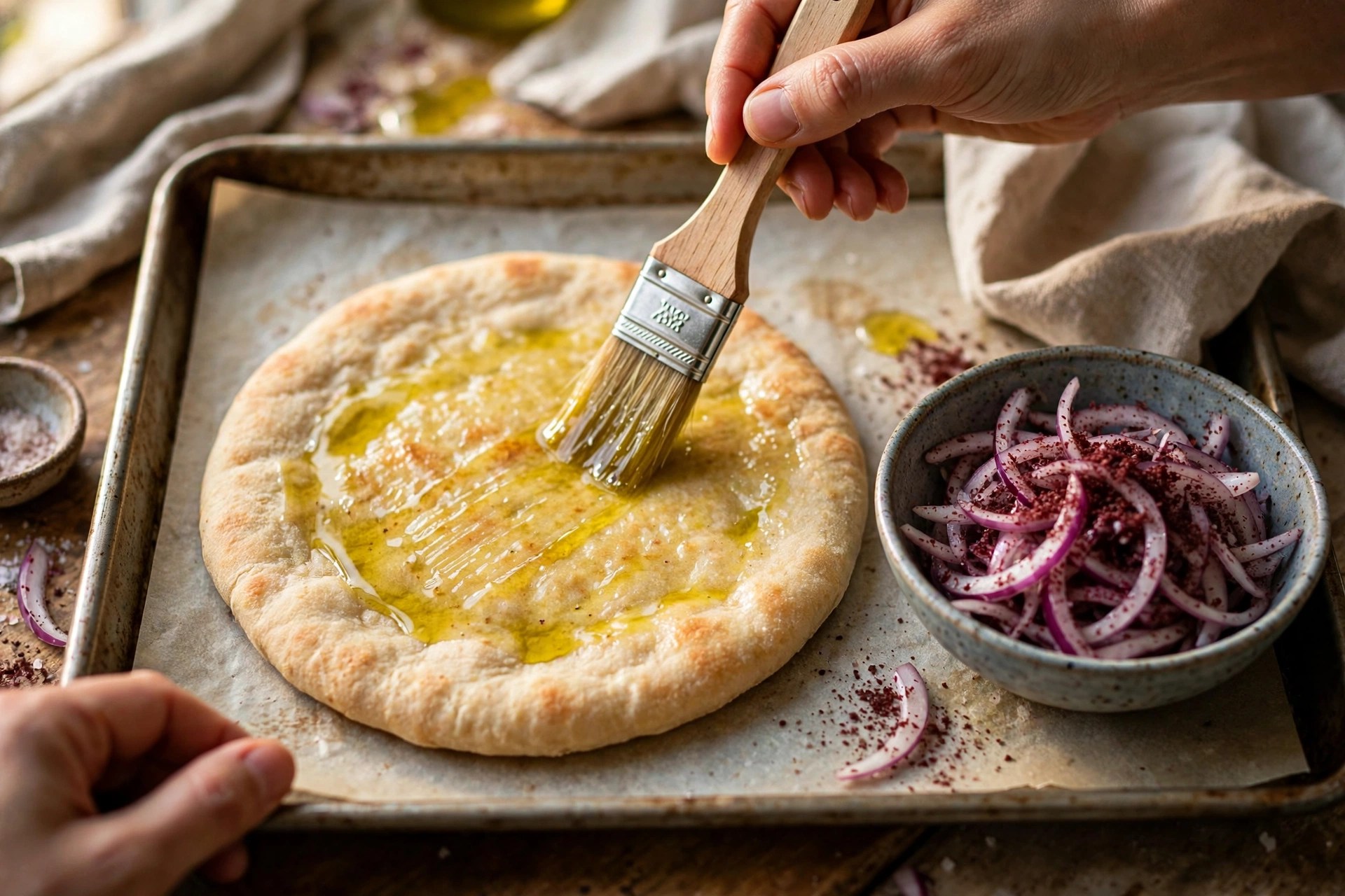 Brushing bread with oil